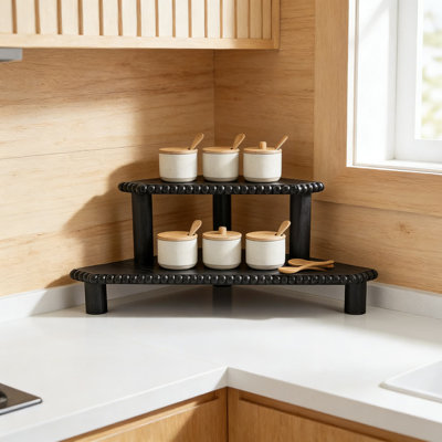 2-Tier Corner Shelf For Countertop, Wooden Farmhouse Organizer With Removable Feet, Stackable Bathroom Vanity & Coffee Bar Decorative Riser Stand, Space-Saving Design
