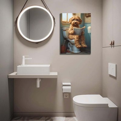 Funny Bathroom Canvas Wall Art-Set Of 2 Poodle On Toilet Reading Newspaper Wall Decor Goldendoodle In Shower Humor Animal Poster Picture For Dog Lovers Restroom Ideas Decor 16X24 Inch Framed