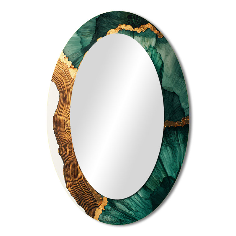 Emerald Leaves Wood Slide III - Miroir mural ovale moderne, 36 po x 24 po