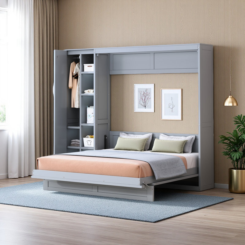 Lit escamotable mural Murphy avec tablettes, garde-robe et lumières DEL, Gris, Grand lit