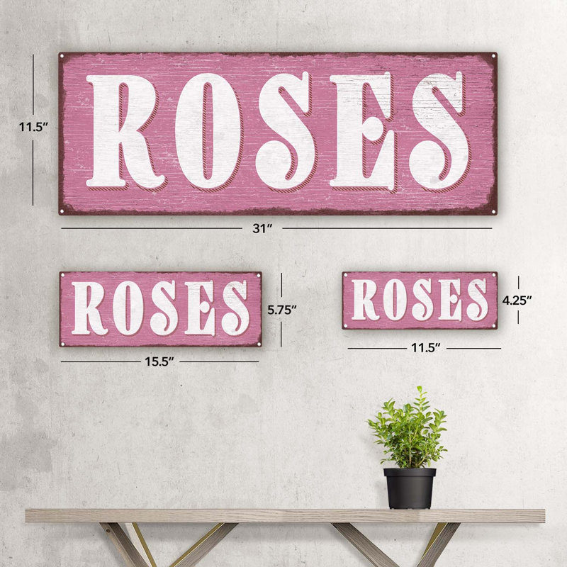 «Pink Roses Metal Sign» sur métal, H 11,5 po x l 31 po