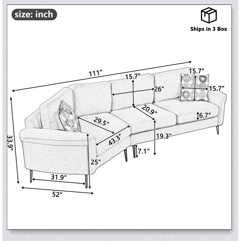 Canapé incurvé confortable à 3 places avec coussins élégants, parfait pour un décor de salon moderne et confortable, Beige