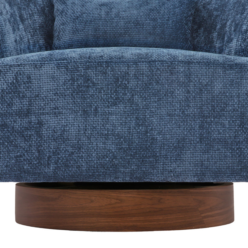 Fauteuil demi-tonneau pivotant de 37 po de largeur avec base en bois, Chenille bleu acier