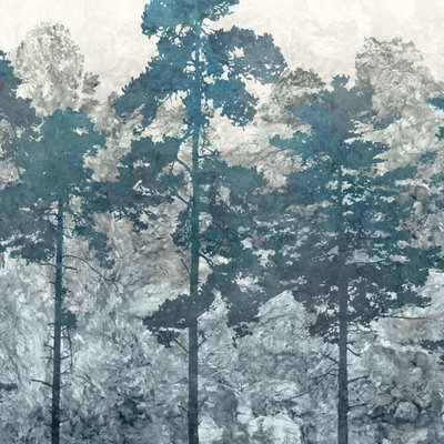 Papier peint mural forêt de pin bleu brumeux - décor mural de paysage de forêt scandinave moderne