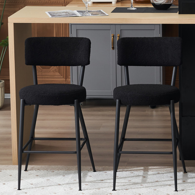 Set of 2 modern teddy fabric upholstered bar stools - Metal base high stool - Suitable for kitchen, dining and living room - Stylish and comfortable island seating