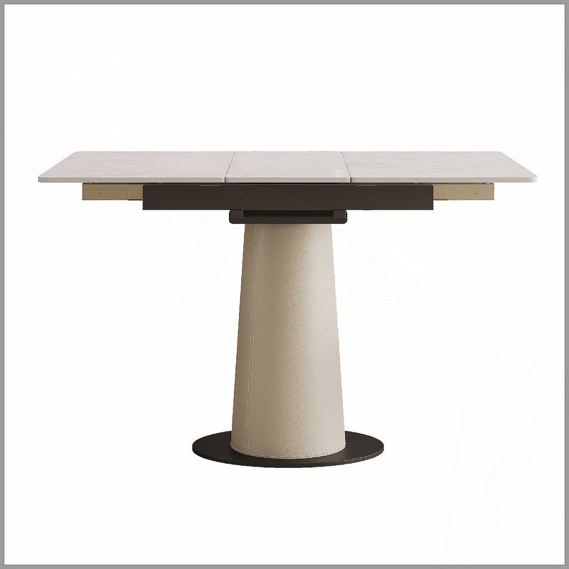 Table de salle à manger rétractable à dalle de roche pliante, table carrée extensible moderne avec base en acier inoxydable revêtue de cuir, table de cuisine à double usage pour les petits appartements
