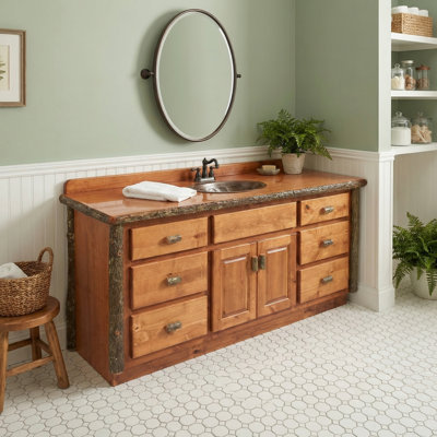 Meuble-lavabo Fireside Lodge Hickory - 5 pieds - sans comptoir - cognac - lavabo droit
