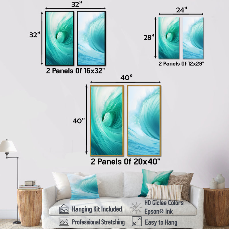 Turquoise Wondrous Wave Spiral - ensemble de 2 décorations murales spirales abstraites, Cadre blanc, H 32 po x l 33 po