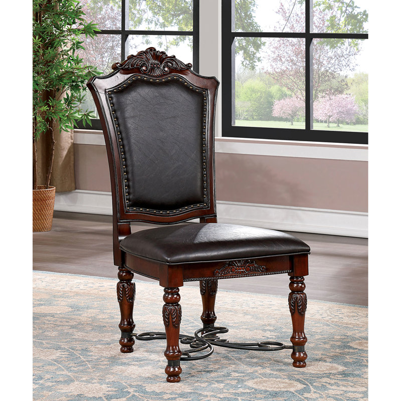 Chaises de salle à manger de luxe, 2 pièces, bois massif de cerisier brun, décorations en faux bois, chaises d'appoint à dossier noir 2 pièces pour les repas traditionnels, sculptures, doublure de soutien