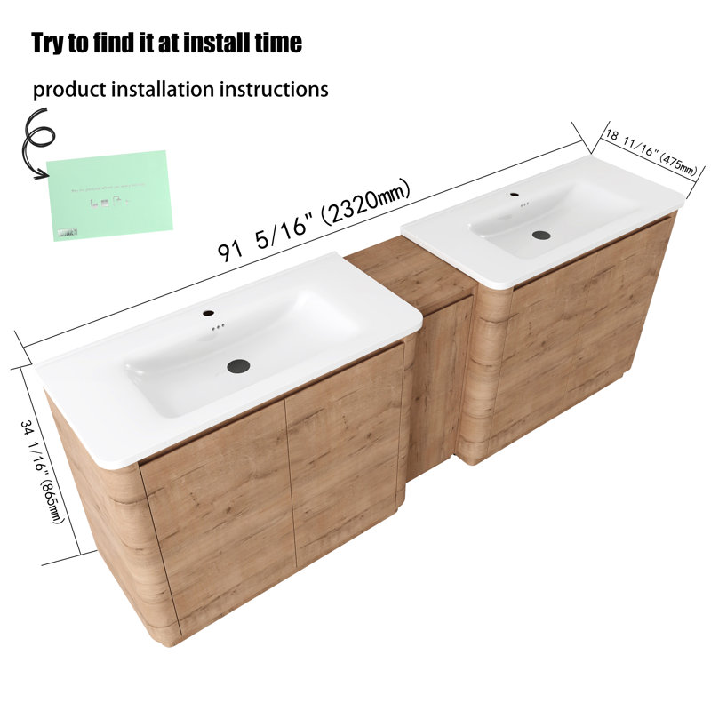Meuble-lavabo simple autoportant 92 po avec plateau en céramique et portes à fermeture en douceur 92 po, 92''
