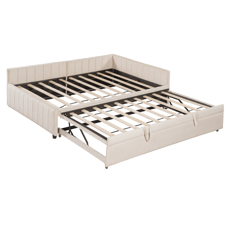 Full Size Upholstered L-Shaped Upholstered Daybed with Twin,Gray Size Pop Up Trundle, Beige