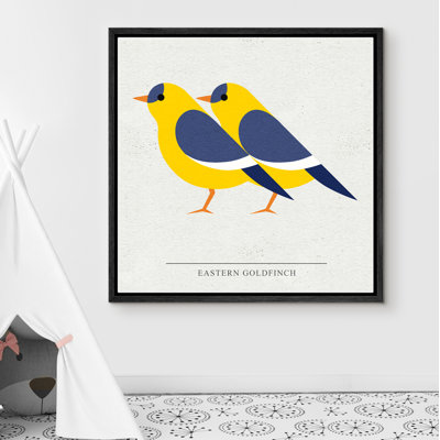 Signe, reproduction d'art sur toile encadrée, duo d'oiseaux jaunes et bleus avec typographie, animaux, faune, illustrations, art moderne, chic et ultra coloré pour le salon