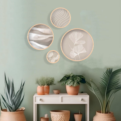 4 pièces, peinture encadrée ronde en bois massif