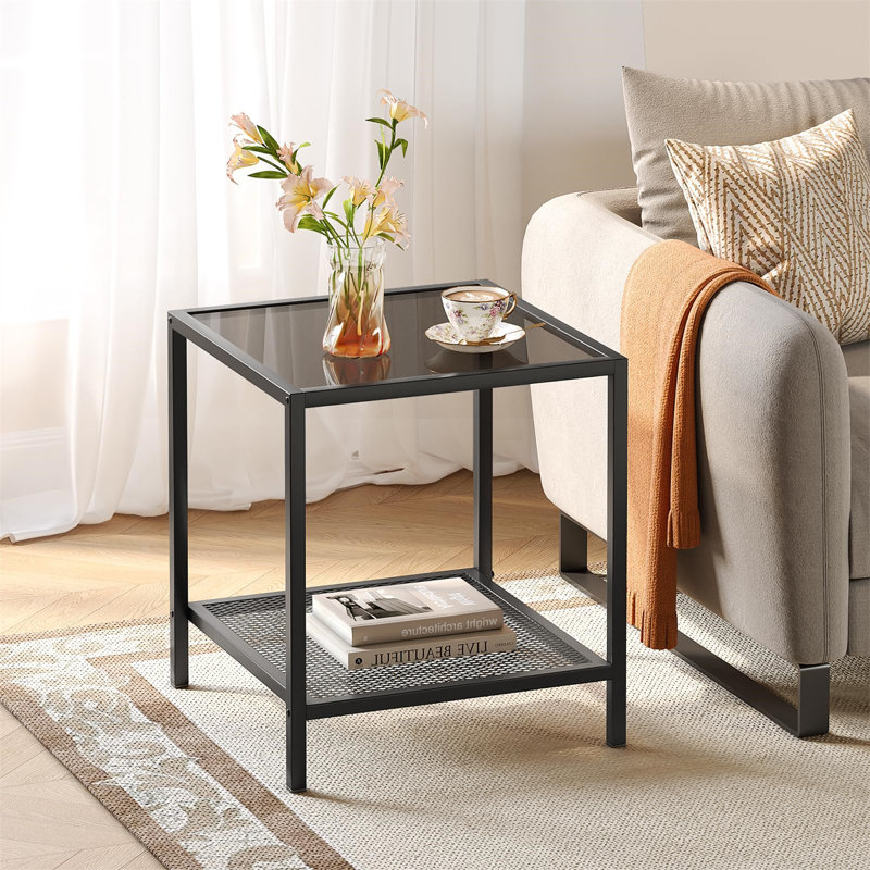 Table de bout unique en verre noir - rangement à 2 niveaux, assemblage facile, design minimaliste, Noir, Noir mat
