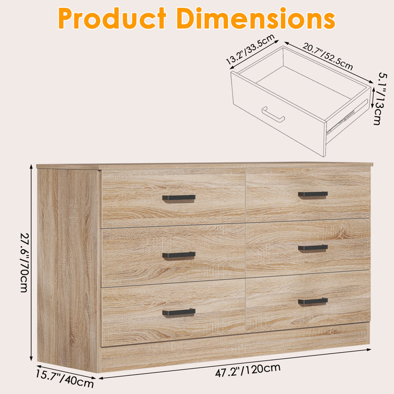 Zunair 47.2'' W Unfinished 6 - Drawer Dresser, Light Oak