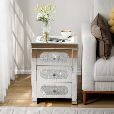 Mirrored Nightstand With Wireless Charging Station And LED, 3 Drawer