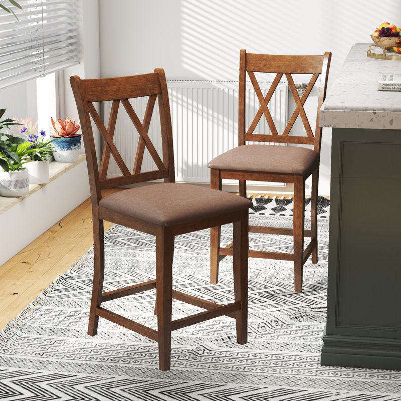 Tabouret de bar et de comptoir en X avec dossier en X, Siège brun / cadre brun