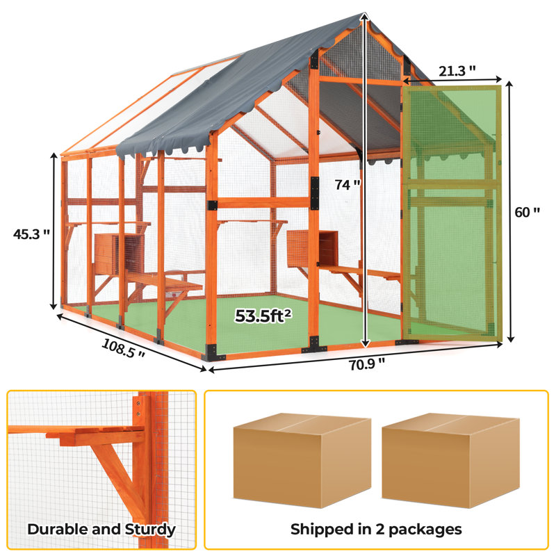 110" Catio Outdoor Cat Enclosure Large Wooden Walk-in Catio Cat Patio for Multiple Cats, 54ft² Cat House, Orange