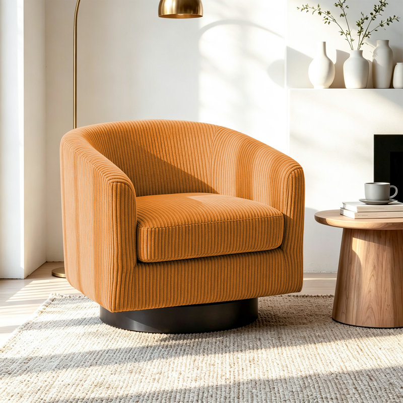 Fauteuil pivotant Frankie en velours côtelé orange capitonné avec base en bois massif, Velours côtelé orange
