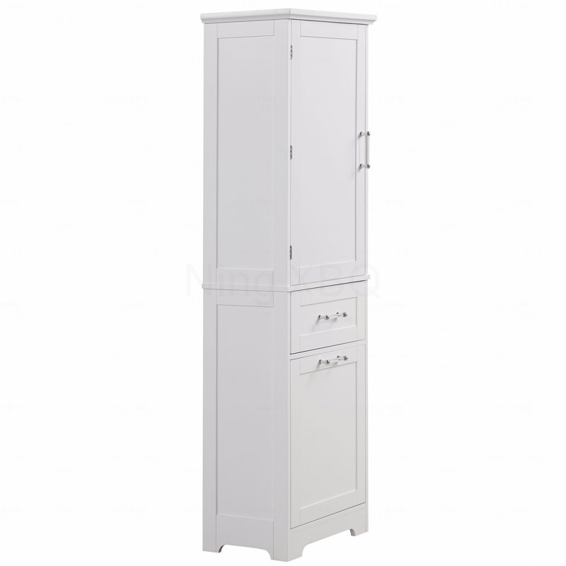 Grande armoire de rangement pour salle de bain, armoire de rangement autoportante avec deux tiroirs de tailles différentes et tablettes réglables, panneau de fibres à densité moyenne avec finition peinte