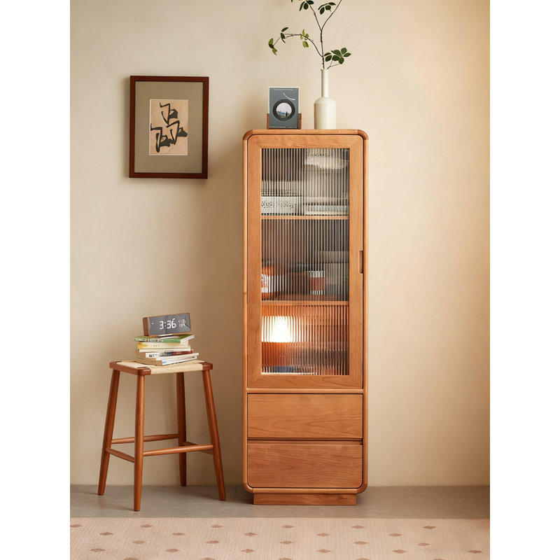 Vitrine moderne en cerisier, verre nervuré et tiroirs Modern