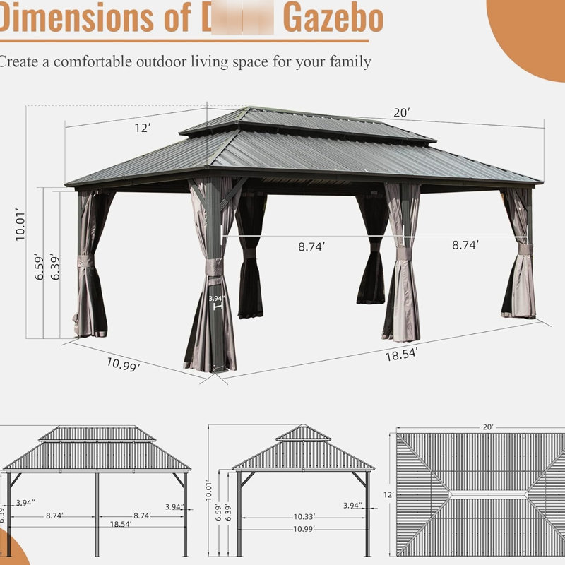 Pavillon de jardin 12 pi x 20 pi, acier galvanisé, double toit, rideau pour matériaux de pelouse, salle à manger de jardin