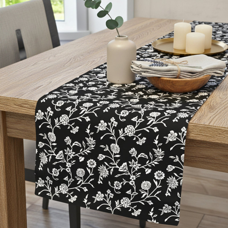 Chemin de table Floral Floral , L 72 po x l 14 po, Noir / blanc