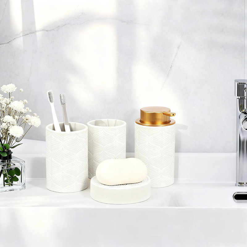 Bathroom Accessories Set, 4PC, Soap Dispenser, Toothbrush Holder, Tumbler, Vanity Tray (Ceramic Grey)