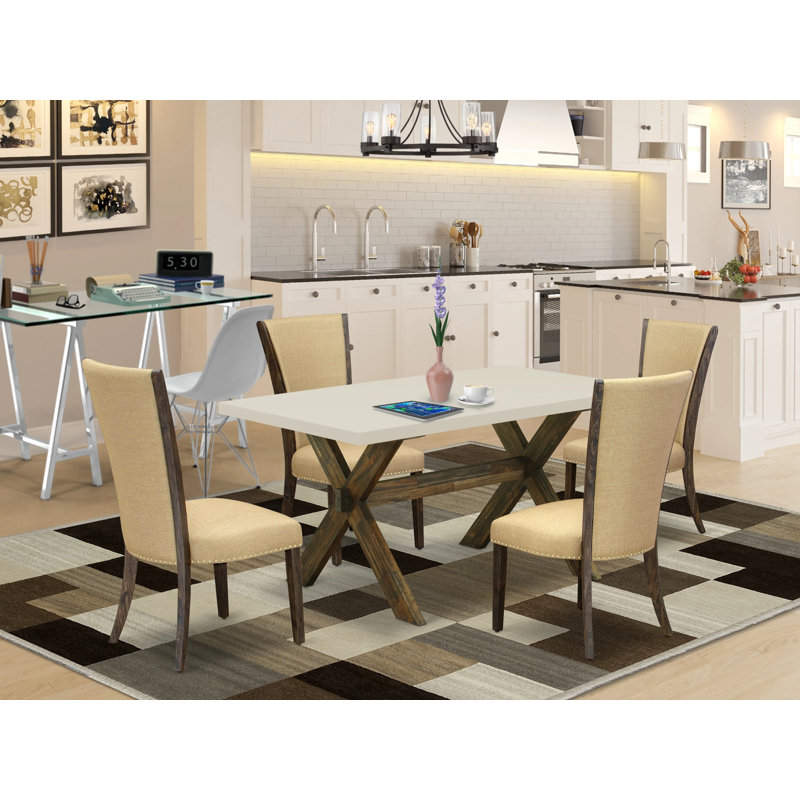 5 Piece Dinette Set for 4 Includes a Rectangle Dining Table with X-Legs and 4 Brown Linen Fabric Parson Dining Room Chairs, Distressed Jacobean