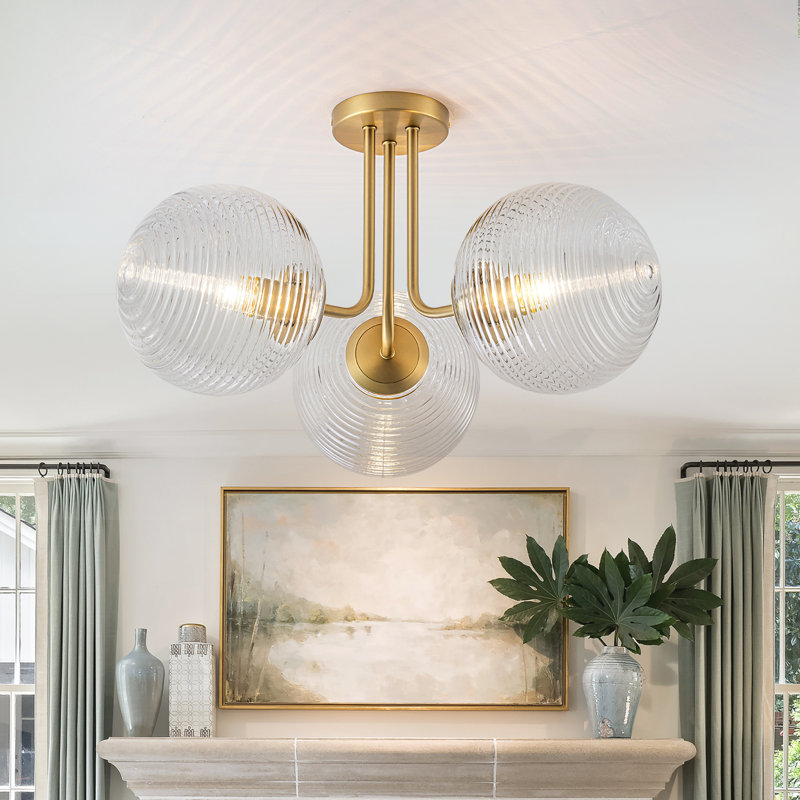 Kaynen 3-Light Modern Sputnik Semi Flush Mount With Ribbed Glass Shades, Gold