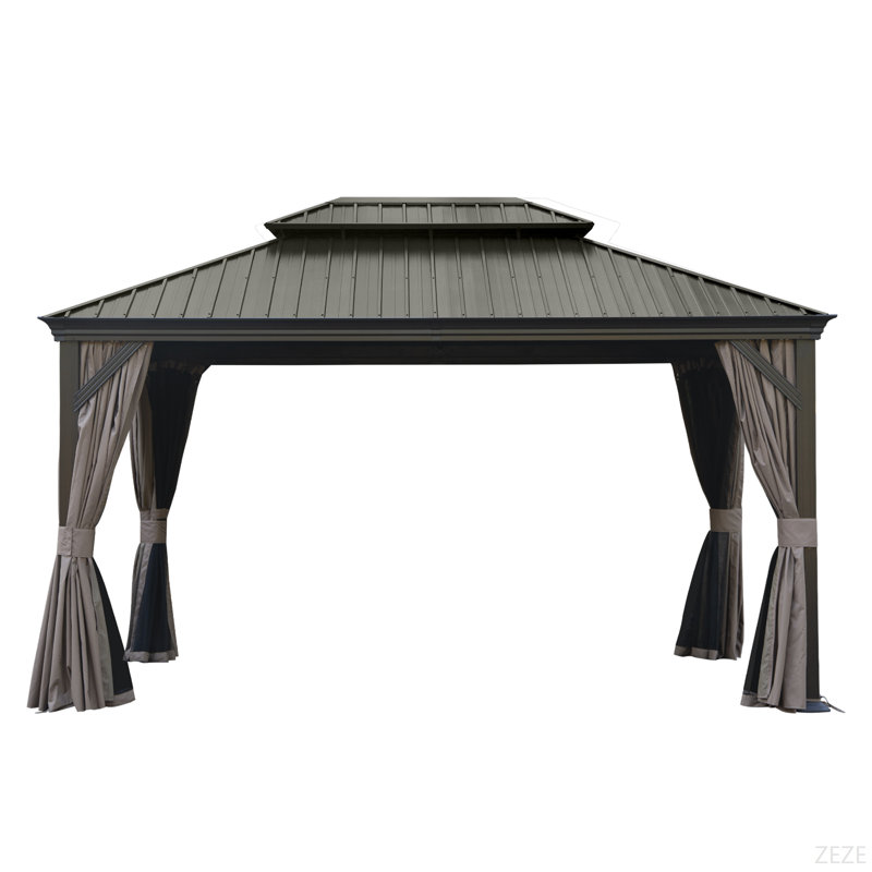 10' X 14' Hardtop Gazebo, Upgraded Metal Gazebo With Drainage System, Dual-Layer Galvanized Steel Roof, Curtain And Netting, Outdoor Shelter Canopy For Patio, Garden, And Backyard