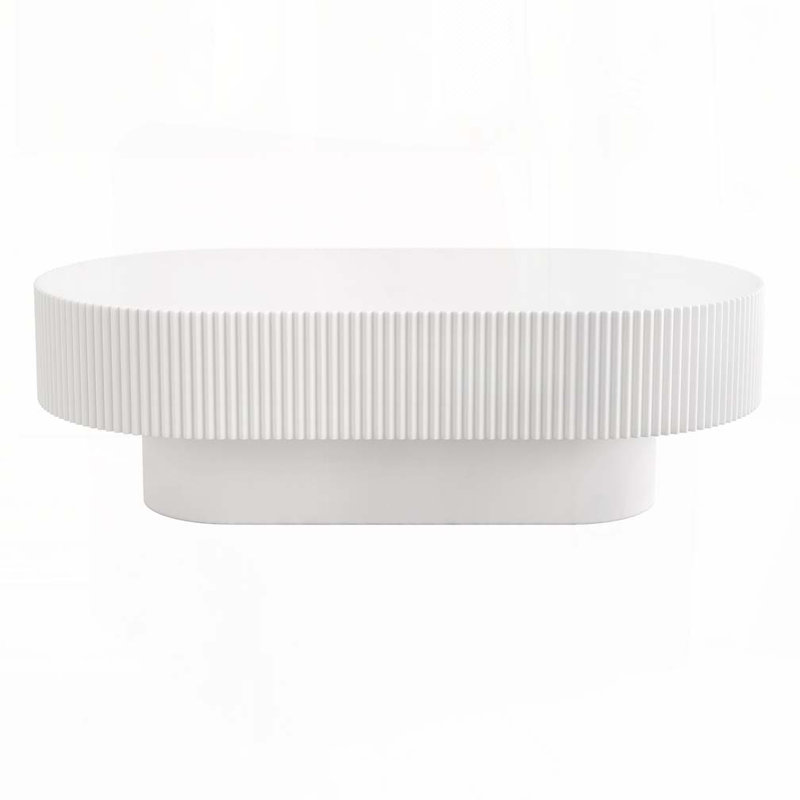 Modern Cream Oval Coffee Table Fluted Drum Design Thick Tabletop White Living Room End Table, White