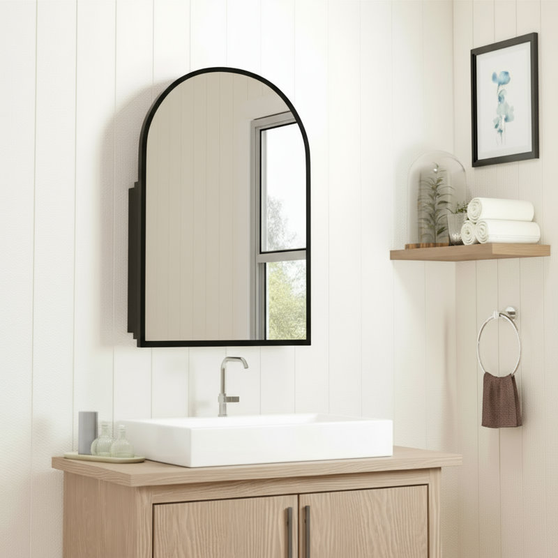30"W×39"H Recessed or Surface Mount Arch Medicine Cabinet with Mirror with Metal Frame with Adjustable Shelf, Black
