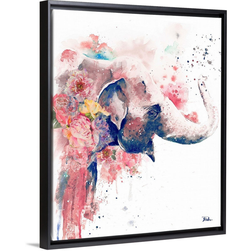 «Floral Water Elephant» par Patricia Pinto, reproduction d'art sur toile, H 16 po x l 13 po x P 1,75 po, Cadre flottant noir