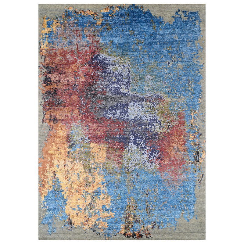 Tapis bleu et beige noué à la main de haute qualité, Rectangle 9 pi x 12 pi