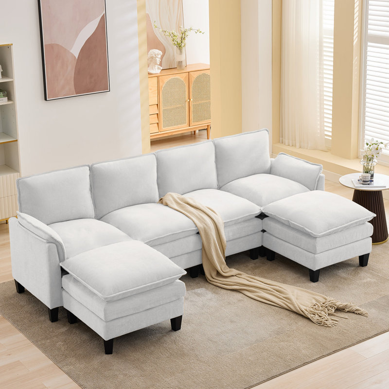 6-Piece 101'' Upholstered U-Shape Sectional, Beige Chenille