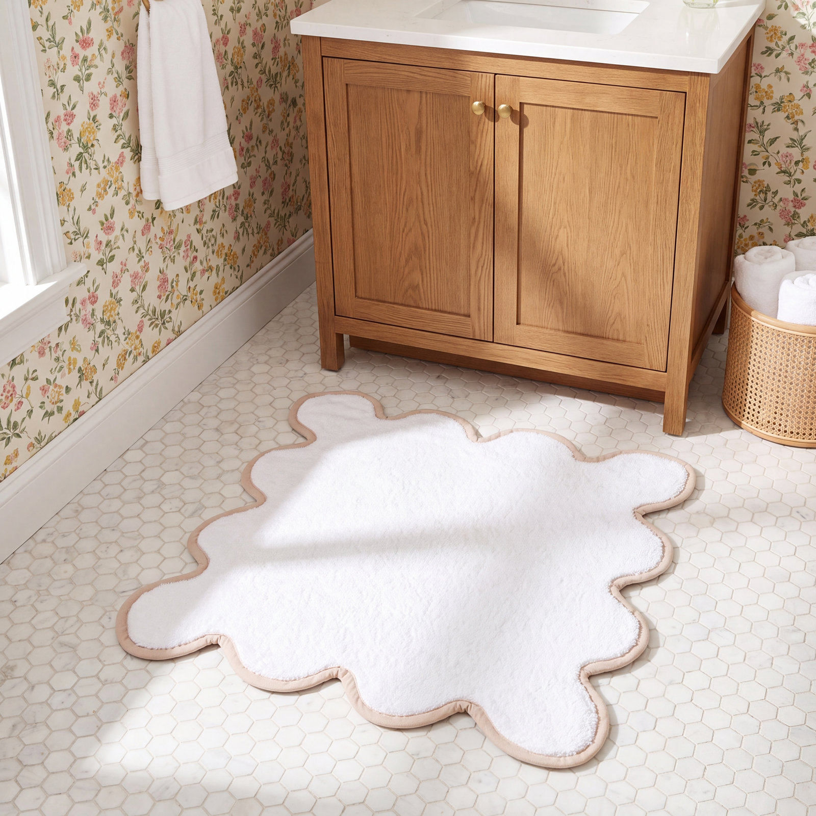 Lowney Scalloped Cotton Hand Towel, White/Brown, Hand Towel
