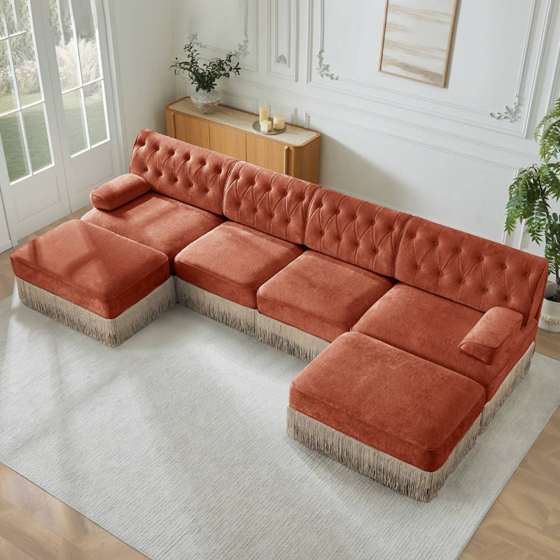 Canapé modulaire en U 135 po avec repose-pieds 2 pièces 135 po Chesterfield, Rouge