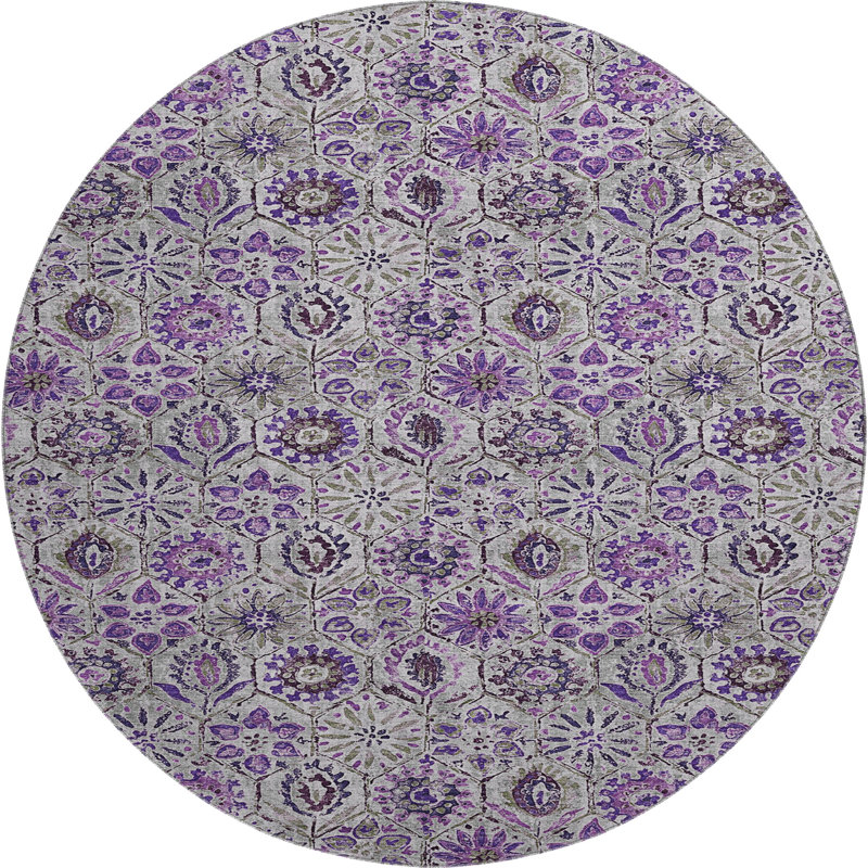 Premium Machine Washable Ralston AMF1938 Floral Rug, Round 8'