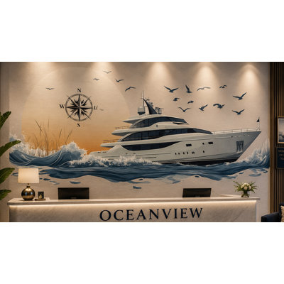 Autocollant mural yacht de luxe, décoration murale bateau nautique, décoration de club nautique, art mural vagues océaniques, décoration murale côtière pour réception de marina 752MV