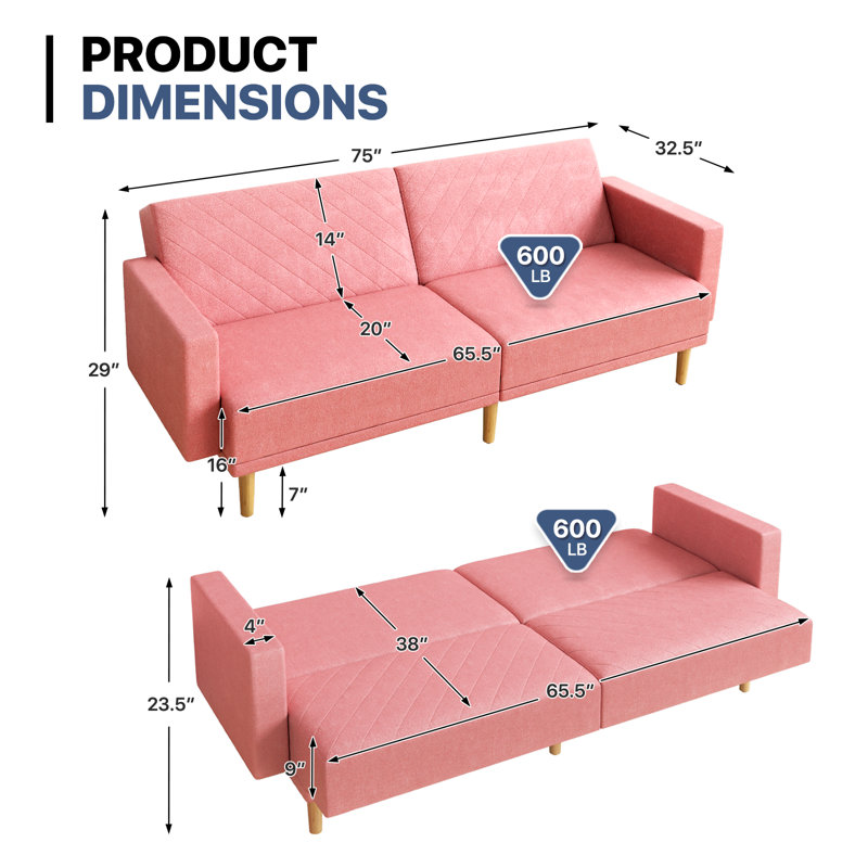 Futon Sofa Bed With Adjustable Backrest, Futon Couch Loveseat Sofa With Wood Frame For Living Room, Pink