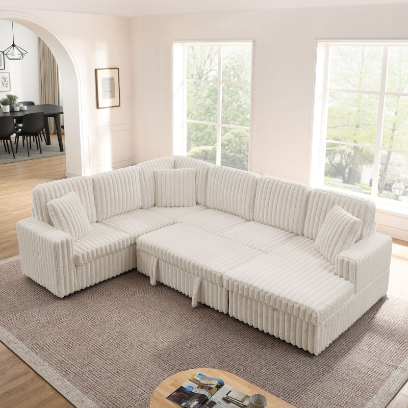 Canapé en Corduroy avec lit escamotable et méridienne avec rangement, Velours côtelé beige
