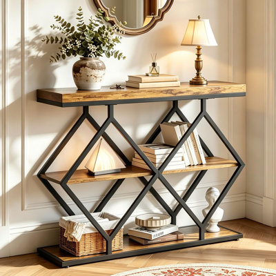Console industrielle à 3 niveaux avec tablettes ouvertes en bois et structure en métal à losanges, canapé d'entrée brun rétro pour vestibule