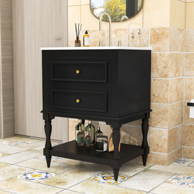 Meuble-lavabo autoportant élégant avec lavabo en céramique, tiroir basculant et tablette de rangement ouverte