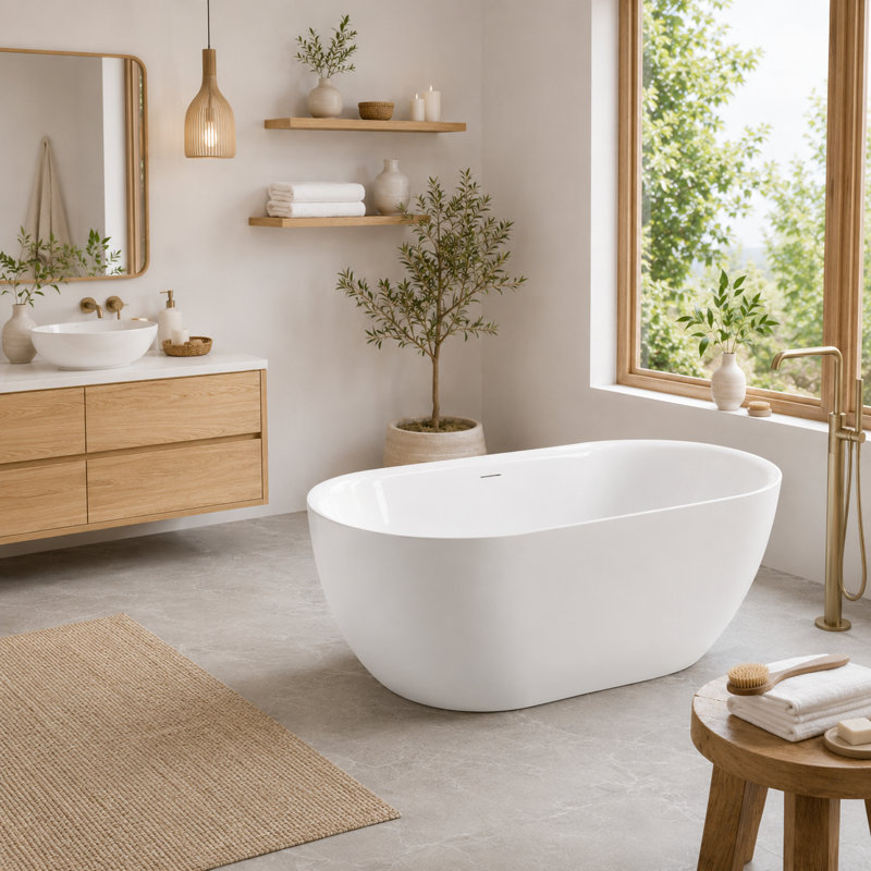 67 in. L x 29.5 in. W Comfort-Fit Freestanding Acrylic Deep Soaking Bathtub with Drain and Overflow, Glossy White