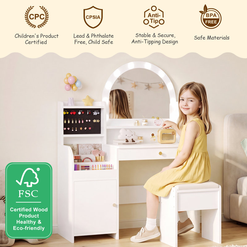 Ensemble de coiffeuse pour enfants avec miroir à DEL et tabouret, Rose