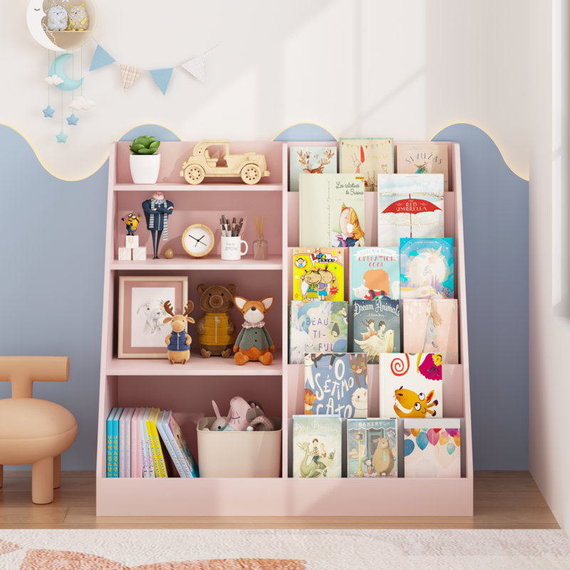 Bibliothèque pour enfants 4 niveaux en bois rose avec bac de rangement pour jouets