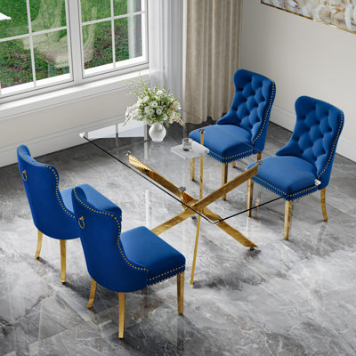 Ensemble de salle à manger 5 pièces Modern Glam avec table en verre trempé et 4 chaises rembourrées en velours
