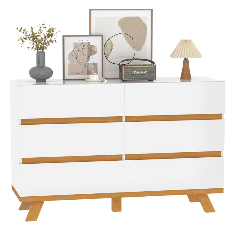 White Dresser For Bedroom With 6 Drawers, 47.2 Inch White High-Gloss Chest Of Drawers For Living Room