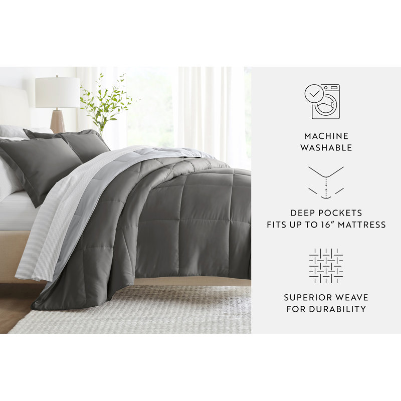 7-Piece Reversible Bedding Bundle - Solid Comforter and Patterned Sheet Set, Full Comforter + 1 Additional Piece